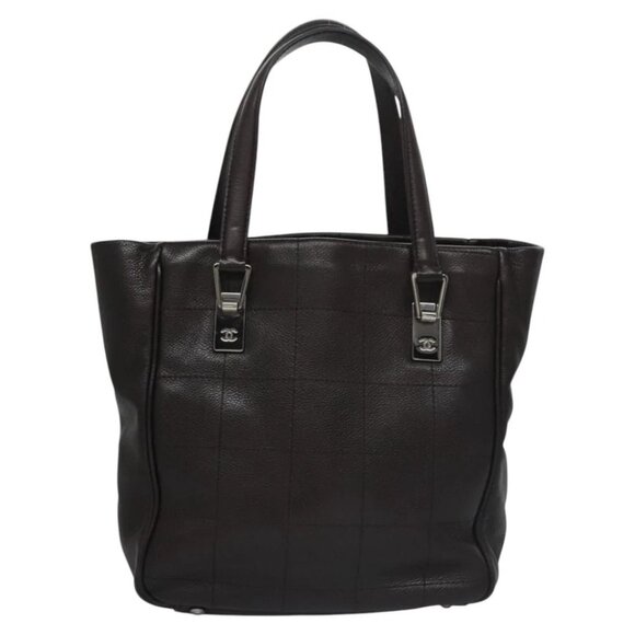 CHANEL Hand Bag Grained Calf Skin Dark Brown Silver CC - Picture 2 of 16